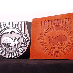 Closeup view of Custom Leather Hand Stamp and impression