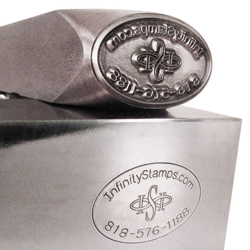 Closeup of Custom Steel Hand Stamp for Metals and impression